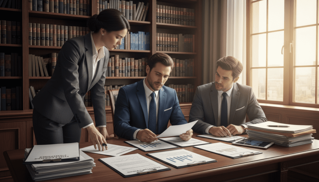 A professional and elegant office setting, featuring a large wooden desk in the foreground with stacks of financial documents and a tablet displaying charts. In the middle, a diverse group of three individuals dressed in professional business attire—two men and one woman—collaborate over the paperwork, examining trust exemption criteria. In the background, a bookshelf filled with legal texts and tax guides adds depth, while a large window bathes the room in natural light, creating a warm and inviting atmosphere. The image captures a sense of focus and collaboration, emphasizing the importance of understanding excluded trusts and exemptions, with soft lighting to enhance the professional mood.