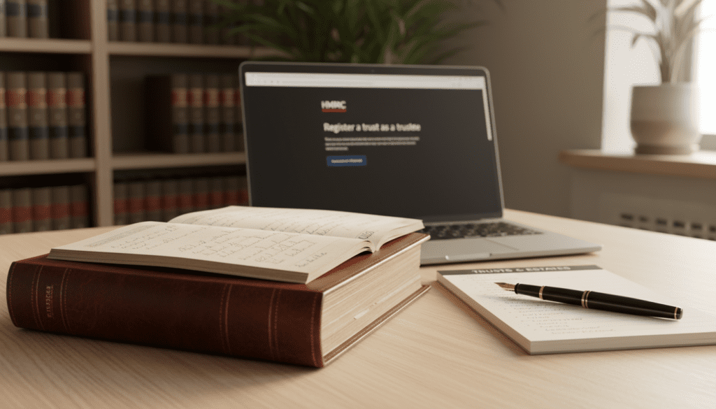 A professional and polished image depicting a trust register on a clean wooden desk. The foreground features the trust register book, elegantly bound with a leather cover, partially open with visible handwritten entries. Beside it, a classic fountain pen rests on a notepad with neatly organized notes about trusts and estates. In the middle, a laptop is slightly angled, displaying a HMRC webpage about trusts, its screen aglow with soft lighting. The background shows a softly blurred office environment with shelves of neatly arranged legal books and a potted plant providing a touch of greenery. The overall mood is focused and formal, with warm, inviting lighting that enhances a sense of professionalism and trust. A professional and polished image depicting a trust register on a clean wooden desk. The foreground features the trust register book, elegantly bound with a leather cover, partially open with visible handwritten entries. Beside it, a classic fountain pen rests on a notepad with neatly organized notes about trusts and estates. In the middle, a laptop is slightly angled, displaying a HMRC webpage about trusts, its screen aglow with soft lighting. The background shows a softly blurred office environment with shelves of neatly arranged legal books and a potted plant providing a touch of greenery. The overall mood is focused and formal, with warm, inviting lighting that enhances a sense of professionalism and trust.