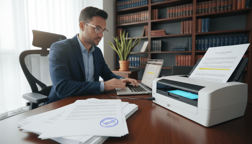 A professional business environment showcasing a well-organized desk. In the foreground, a stack of neatly arranged scanned trust documents, clearly visible with details like headings and a visible stamp of compliance. Beside the documents, a high-resolution scanner is capturing documents, reflecting the process of preparation. In the middle ground, a focused individual, dressed in professional business attire, is examining the documents on a laptop screen, highlighting the meticulous review process. The background features a softly lit office with shelves containing legal books and a potted plant, creating a calm and professional atmosphere. The lighting is bright yet soft, with a slight focus on the documents, creating a sense of trust and reliability. The entire scene conveys a mood of diligence and commitment to compliance.