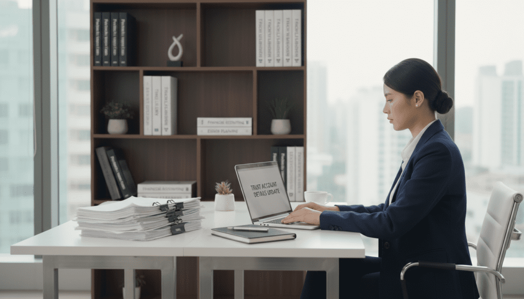 A professional business office setting in the foreground, featuring a well-dressed woman seated at a sleek desk, focused on updating trust details on a laptop. Beside her, a stack of neatly organized financial documents and a pen resting on a notepad. In the middle ground, a modern bookshelf filled with accounting and legal books, subtle elements of office decor, like potted plants, adding a touch of warmth. The background displays a large window with soft natural light pouring in, creating a bright and inviting atmosphere. The overall mood is one of professionalism, organization, and diligence, capturing the essence of updating financial trust details in a busy work environment. A professional business office setting in the foreground, featuring a well-dressed woman seated at a sleek desk, focused on updating trust details on a laptop. Beside her, a stack of neatly organized financial documents and a pen resting on a notepad. In the middle ground, a modern bookshelf filled with accounting and legal books, subtle elements of office decor, like potted plants, adding a touch of warmth. The background displays a large window with soft natural light pouring in, creating a bright and inviting atmosphere. The overall mood is one of professionalism, organization, and diligence, capturing the essence of updating financial trust details in a busy work environment.