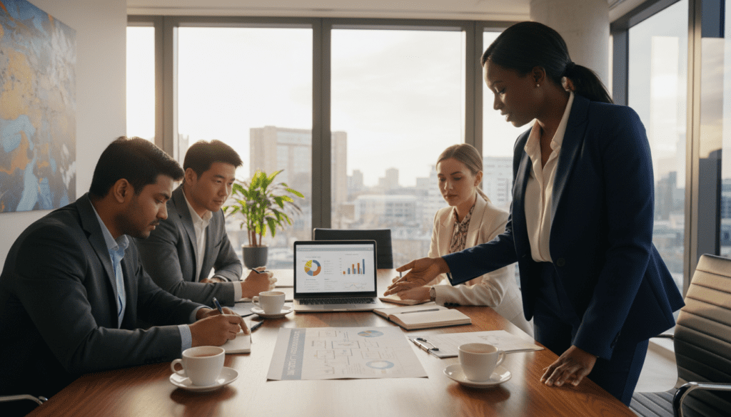A professional business setting depicting a diverse group of individuals discussing tax strategies related to UK trusts. In the foreground, a middle-aged Black woman in smart business attire is standing, pointing at a document on the table, illustrating key points. Next to her, a young South Asian man in a tailored suit is taking notes on a notepad. In the middle ground, a white woman in a blazer is sitting across from them, thoughtfully examining financial graphs on a laptop screen. The background features a modern office with large windows, letting in soft, natural light that creates a warm and inviting atmosphere. The scene should convey collaboration and focus, with all subjects engaged in a serious yet friendly discussion about tax obligations for beneficiaries. The perspective should be slightly elevated to capture the group dynamic. A professional business setting depicting a diverse group of individuals discussing tax strategies related to UK trusts. In the foreground, a middle-aged Black woman in smart business attire is standing, pointing at a document on the table, illustrating key points. Next to her, a young South Asian man in a tailored suit is taking notes on a notepad. In the middle ground, a white woman in a blazer is sitting across from them, thoughtfully examining financial graphs on a laptop screen. The background features a modern office with large windows, letting in soft, natural light that creates a warm and inviting atmosphere. The scene should convey collaboration and focus, with all subjects engaged in a serious yet friendly discussion about tax obligations for beneficiaries. The perspective should be slightly elevated to capture the group dynamic.