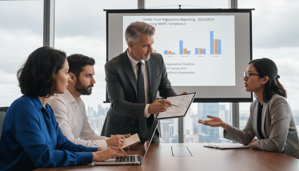 A professional business setting depicting a diverse group of individuals engaged in a discussion about trust income, emphasizing HMRC compliance. In the foreground, a middle-aged man in a tailored suit points at financial documents on a large, polished wooden table. Beside him, a woman in a smart blouse takes notes on a laptop, showcasing a focused expression. The middle ground features a projector displaying a detailed chart of trust income statistics. In the background, large windows allow natural light to illuminate the room, casting soft shadows and creating an inviting atmosphere. The overall mood is one of professionalism and collaboration, symbolizing the importance of understanding trust income reporting to ensure compliance with HMRC regulations. A professional business setting depicting a diverse group of individuals engaged in a discussion about trust income, emphasizing HMRC compliance. In the foreground, a middle-aged man in a tailored suit points at financial documents on a large, polished wooden table. Beside him, a woman in a smart blouse takes notes on a laptop, showcasing a focused expression. The middle ground features a projector displaying a detailed chart of trust income statistics. In the background, large windows allow natural light to illuminate the room, casting soft shadows and creating an inviting atmosphere. The overall mood is one of professionalism and collaboration, symbolizing the importance of understanding trust income reporting to ensure compliance with HMRC regulations.