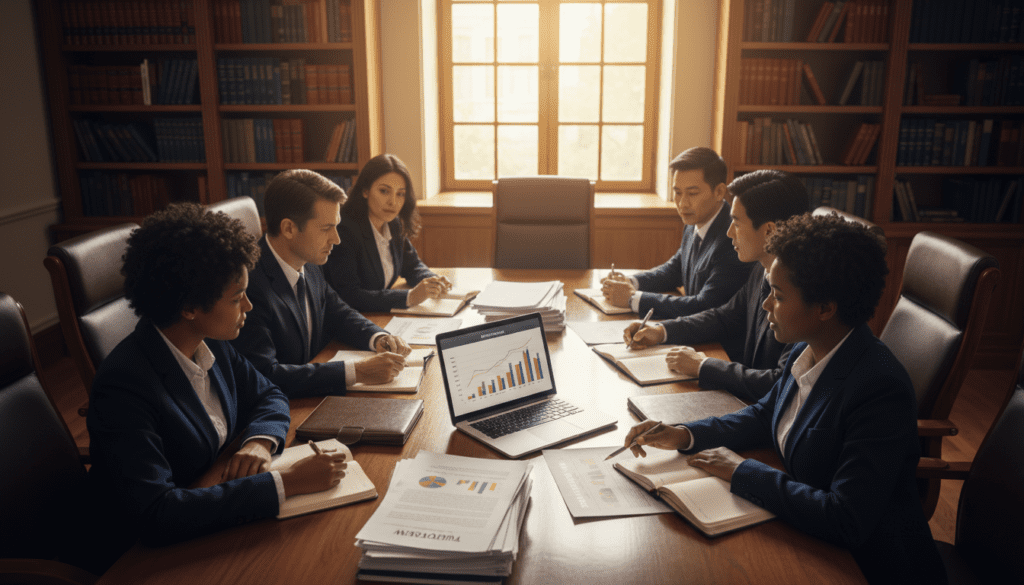 A professional business setting depicting a diverse group of individuals in business attire, gathered around a polished conference table stacked with legal documents, charts, and a laptop displaying financial graphs. In the foreground, a woman points to a document titled "Trust Overview" while a man takes notes. The middle ground features a large window with natural light streaming in, casting soft shadows across the table. In the background, softly blurred bookshelves filled with law and finance books create a scholarly atmosphere. The lighting is warm and inviting, creating a mood of collaboration and professionalism. The angle is slightly overhead to capture the interaction among the participants and the paperwork in a dynamic composition.