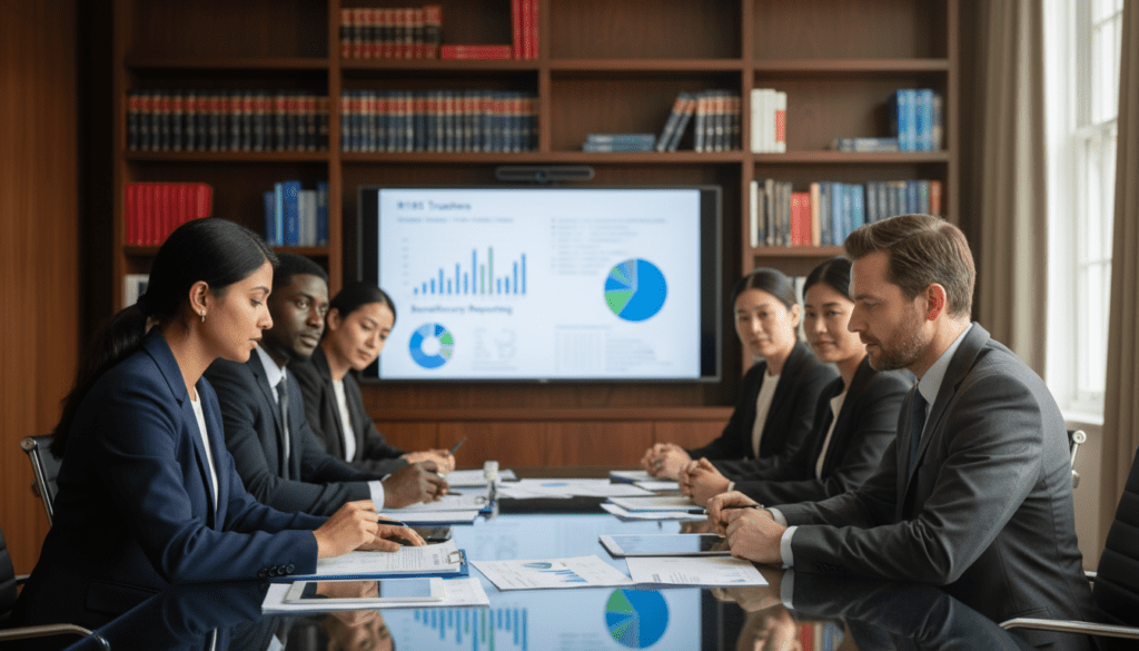 A professional business setting featuring a diverse group of individuals engaged in a discussion about trust income. In the foreground, two consultants, a South Asian woman and a Caucasian man, are reviewing financial documents on a sleek conference table, both dressed in smart business attire. The middle ground showcases a large presentation screen displaying graphs and charts related to R185 trustees and beneficiary reporting. The background includes an extensive bookshelf filled with legal texts and financial resources, subtly blurred to emphasize the foreground. Soft, natural lighting streams through large windows, creating a warm and inviting atmosphere. Capture the mood of collaboration and expertise, highlighting the complexities of income reporting for trusts without any text or overlays in the image.