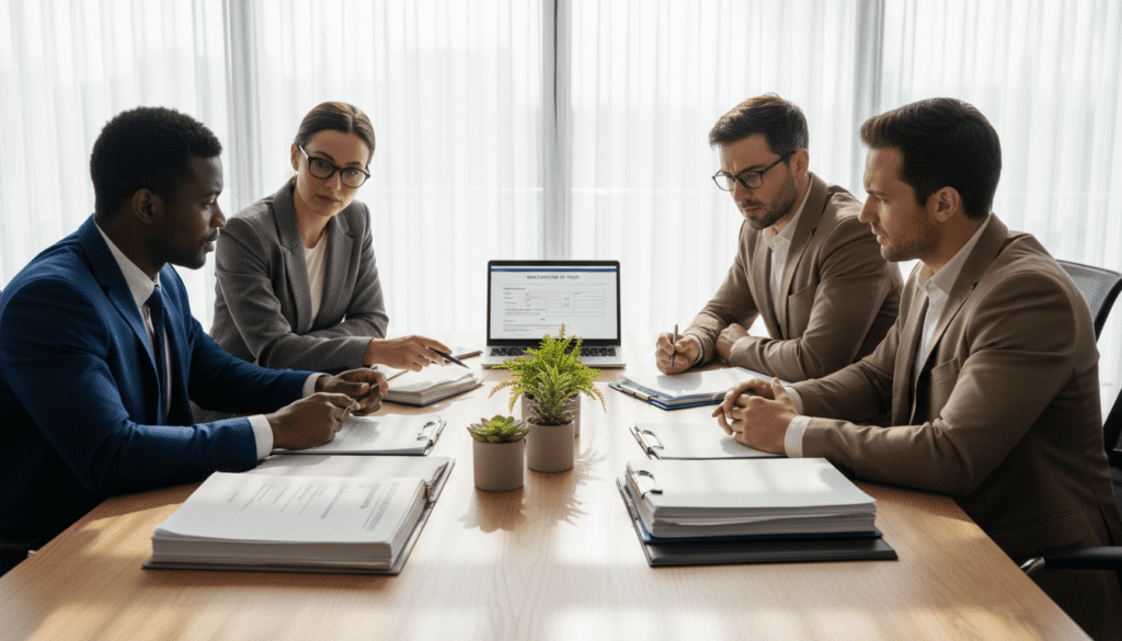 A professional business setting in a well-lit office environment focused on a wooden conference table. In the foreground, a diverse group of three individuals in smart business attire, two men and one woman, are engaged in an animated discussion. They are surrounded by folders and documents, pointing at a printed checklist that outlines the necessary information for registering a trust. The middle ground features an open laptop displaying relevant trust documentation, with a few potted plants providing a touch of warmth. The background shows a large window with natural light streaming in, casting soft shadows across the room. The mood is serious yet collaborative, conveying the importance of being well-prepared for trust registration.