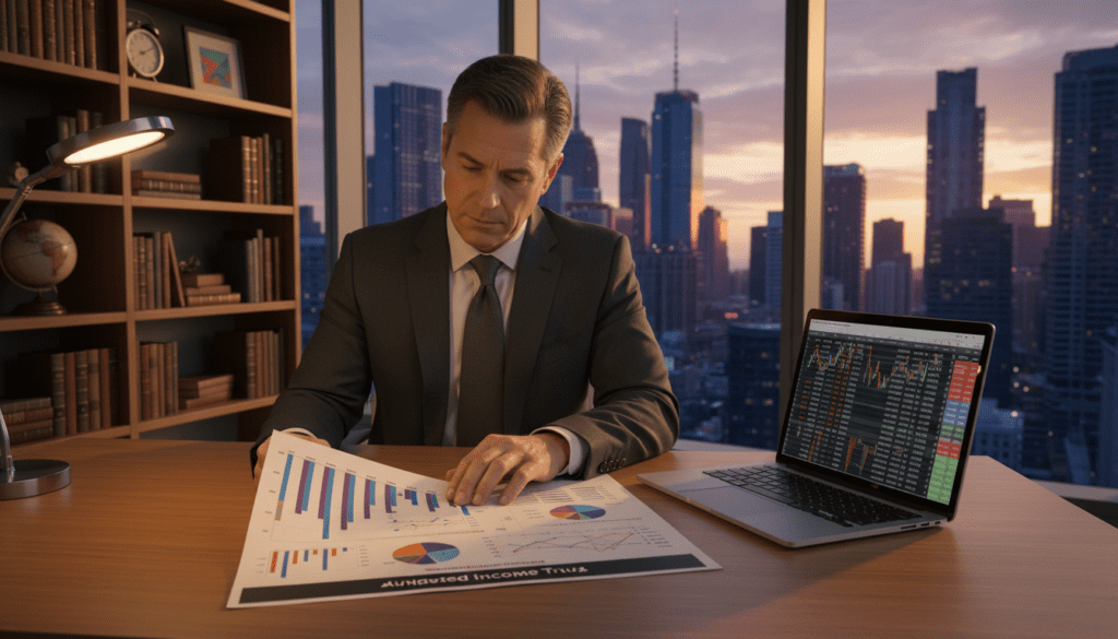A professional financial advisor sitting at a modern wooden desk, analyzing a document labeled "Mandated Income Trust" that has detailed charts and graphs. In the background, a large window reveals a city skyline at dusk, casting warm, natural light across the room. Shelves lined with financial books and elegant decor create a scholarly atmosphere. The advisor, a middle-aged person wearing a tailored suit, is focused and contemplative, with a laptop open next to them displaying relevant financial data. Soft shadows enhance the depth, while a subtle glow from a desk lamp adds a calm ambiance. The overall mood conveys professionalism and trust, reflecting the importance of understanding mandated income in financial management.