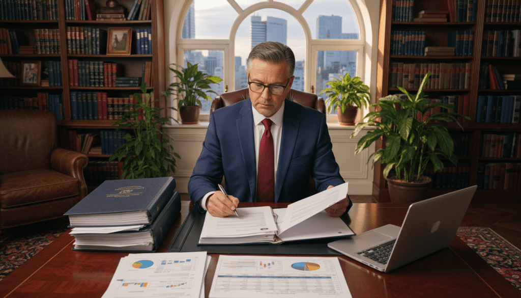 A professional lead trustee sitting at a polished wooden desk in an elegant office setting. In the foreground, the trustee, a middle-aged individual dressed in a smart navy suit, appears focused as they review official documents. The middle ground features an organized stack of financial papers and an open laptop displaying spreadsheet data. In the background, a large window lets in soft, natural light, illuminating shelves filled with legal books and potted plants, creating a serene atmosphere. The lens captures the scene from a slight angle, emphasizing the trustee’s engaged expression and the workspace's professional ambiance, conveying a sense of responsibility and trustworthiness.