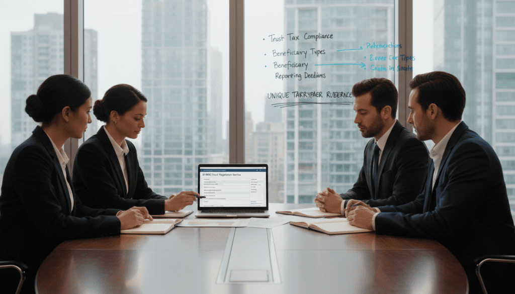 A professional meeting scene illustrating the concept of trust registration with HMRC. In the foreground, a small group of diverse individuals in professional business attire are gathered around a sleek, modern conference table. They are attentively discussing documents and a laptop displaying a registration form. In the middle ground, a large, light-filled window reveals a city skyline, symbolizing the importance of trust in financial matters. The background includes a whiteboard filled with organized notes about trust tax compliance. Soft, natural lighting filters in, casting a warm ambiance that conveys a sense of collaboration and diligence. The overall mood is focused and serious, reflecting the significance of accurately registering a trust and obtaining a Unique Taxpayer Reference (UTR). A professional meeting scene illustrating the concept of trust registration with HMRC. In the foreground, a small group of diverse individuals in professional business attire are gathered around a sleek, modern conference table. They are attentively discussing documents and a laptop displaying a registration form. In the middle ground, a large, light-filled window reveals a city skyline, symbolizing the importance of trust in financial matters. The background includes a whiteboard filled with organized notes about trust tax compliance. Soft, natural lighting filters in, casting a warm ambiance that conveys a sense of collaboration and diligence. The overall mood is focused and serious, reflecting the significance of accurately registering a trust and obtaining a Unique Taxpayer Reference (UTR).