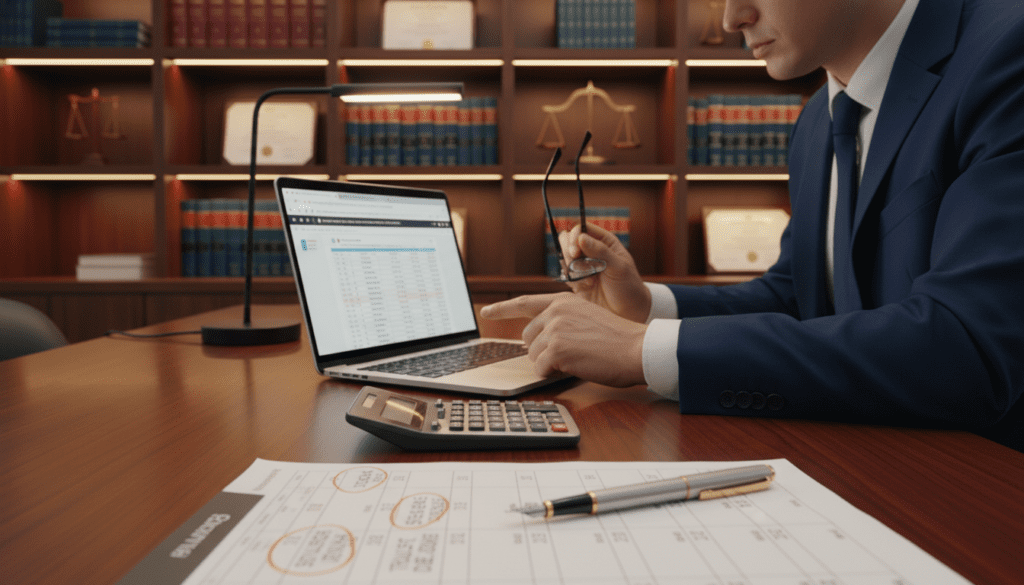 A professional office environment depicting a calendar on a polished wooden desk, highlighting important trust registration deadlines. In the foreground, a close-up of a calendar page with marked dates circled in red, alongside a sleek pen and a calculator. In the middle ground, a laptop screen displaying a spreadsheet with financial data and trust registration forms. The background features shelves filled with legal books and framed certificates, all under warm, ambient lighting that creates a focused and serious atmosphere. A professional in business attire, examining the documents, adds a human element, conveying urgency and diligence. The overall mood is one of responsibility and awareness of critical deadlines.