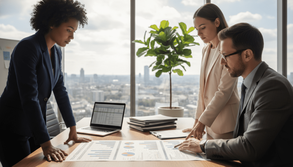 A professional office environment depicting the lifecycle of trust assets. In the foreground, a diverse group of three business professionals, dressed in smart business attire, engage in a focused discussion around a detailed financial report with graphs and charts. In the middle, a modern conference table with financial documents, a laptop, and a potted plant that symbolizes growth and stability. In the background, large windows let in soft natural light, illuminating a cityscape, representing the regulatory landscape. The atmosphere is serious and contemplative, reflecting the importance of trust management and taxation under HMRC rules. Use a slight depth of field to keep the foreground sharp while softly blurring the background. The lighting should be bright yet warm, casting gentle shadows to enhance the mood.