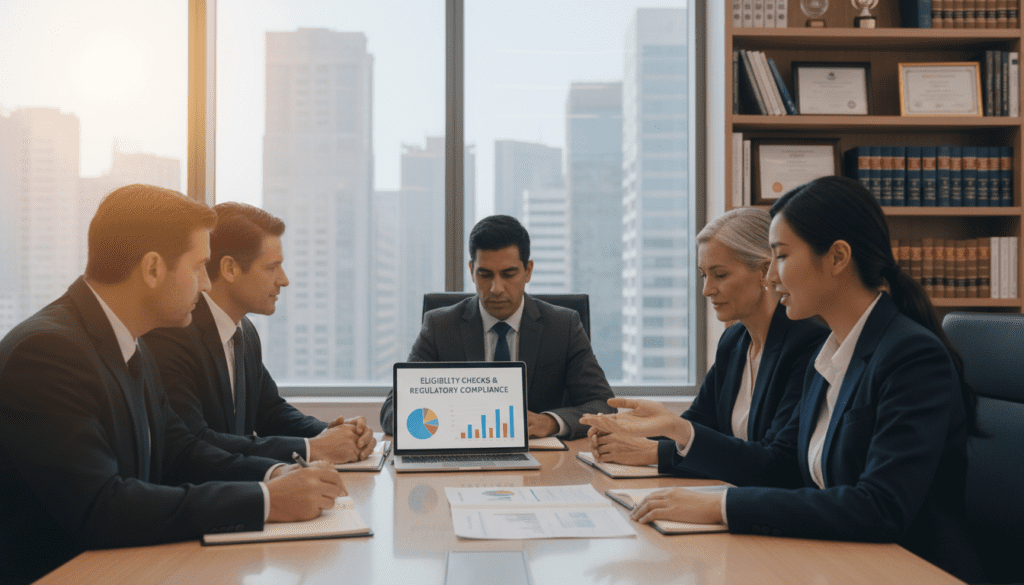 A professional office environment featuring a diverse group of individuals around a large table engaged in discussion about charitable investment trust registration. In the foreground, a woman in a smart blazer is pointing at a document while a man in professional business attire takes notes. The middle ground includes a laptop displaying charts and graphs related to eligibility checks and compliance. In the background, shelves filled with legal books and certificates decorate the room, and large windows let in natural light, creating a bright and optimistic atmosphere. Soft focus on the background ensures the group remains the focal point of the image, enhancing the mood of collaboration and professionalism. The lighting should be warm and inviting, with a slight lens flare effect to emphasize the sense of hope and opportunity inherent in charitable endeavors. A professional office environment featuring a diverse group of individuals around a large table engaged in discussion about charitable investment trust registration. In the foreground, a woman in a smart blazer is pointing at a document while a man in professional business attire takes notes. The middle ground includes a laptop displaying charts and graphs related to eligibility checks and compliance. In the background, shelves filled with legal books and certificates decorate the room, and large windows let in natural light, creating a bright and optimistic atmosphere. Soft focus on the background ensures the group remains the focal point of the image, enhancing the mood of collaboration and professionalism. The lighting should be warm and inviting, with a slight lens flare effect to emphasize the sense of hope and opportunity inherent in charitable endeavors.