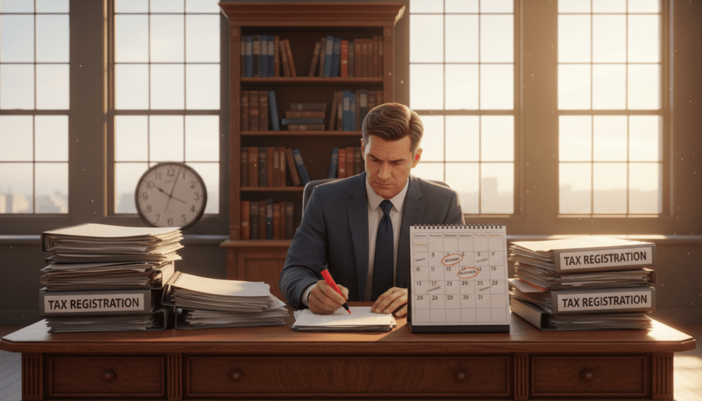 A professional office environment, featuring a large wooden desk cluttered with paperwork and files related to tax registration. In the foreground, a focused middle-aged man in a crisp business suit is reviewing a calendar marked with important registration deadlines, highlighting urgency. The middle ground shows a soft-focus bookshelf filled with tax guides and regulation books, depicting a sense of thoroughness. In the background, large windows allow natural sunlight to stream in, casting gentle shadows across the room, creating a productive atmosphere. The lighting is warm and inviting, suggesting a sense of urgency yet professionalism. Include a wall clock showing time ticking down, enhancing the theme of imminent deadlines without any text in the image.