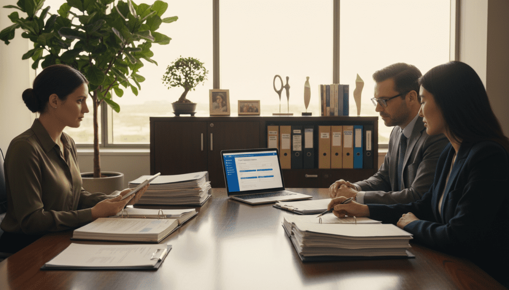 A professional office environment featuring a long wooden table, organized with documents and a laptop open to a digital Trust Registration Service interface. In the foreground, a diverse group of three individuals in formal business attire reviews paperwork, one pointing to a highlighted section in the documents. In the middle, a decorated filing cabinet can be seen filled with neatly arranged trust-related folders. The background showcases a large window allowing soft natural light to flood the room, illuminating a potted plant and modern decor, creating an atmosphere of professionalism and trust. The composition should be well-lit, capturing the seriousness of the trust registration process, with depth of field focusing on the foreground group. A professional office environment featuring a long wooden table, organized with documents and a laptop open to a digital Trust Registration Service interface. In the foreground, a diverse group of three individuals in formal business attire reviews paperwork, one pointing to a highlighted section in the documents. In the middle, a decorated filing cabinet can be seen filled with neatly arranged trust-related folders. The background showcases a large window allowing soft natural light to flood the room, illuminating a potted plant and modern decor, creating an atmosphere of professionalism and trust. The composition should be well-lit, capturing the seriousness of the trust registration process, with depth of field focusing on the foreground group.