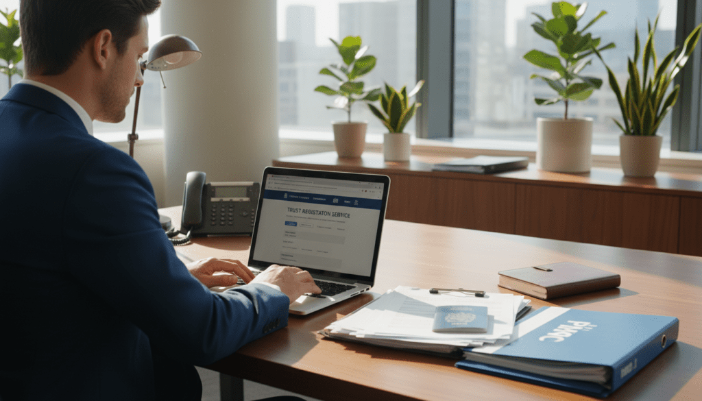 A professional office environment featuring a well-organized desk. In the foreground, a business professional in business attire is focused on a laptop displaying a page related to the Trust Registration Service (TRS). In the middle, paperwork and documents related to trust registration are neatly arranged, showcasing forms and identification. In the background, a large window allows natural light to pour in, casting a warm and inviting glow across the room, while potted plants add a touch of greenery. The overall atmosphere is calm, structured, and conducive to serious work, with a sense of professionalism and responsibility in the air. The scene should have a well-balanced composition, with a soft focus on the background elements to emphasize the trust registration process. A professional office environment featuring a well-organized desk. In the foreground, a business professional in business attire is focused on a laptop displaying a page related to the Trust Registration Service (TRS). In the middle, paperwork and documents related to trust registration are neatly arranged, showcasing forms and identification. In the background, a large window allows natural light to pour in, casting a warm and inviting glow across the room, while potted plants add a touch of greenery. The overall atmosphere is calm, structured, and conducive to serious work, with a sense of professionalism and responsibility in the air. The scene should have a well-balanced composition, with a soft focus on the background elements to emphasize the trust registration process.