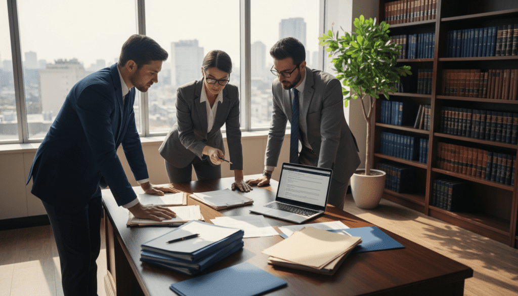 A professional office environment featuring a wooden desk scattered with trust registration documents, legal papers, and a sleek laptop. In the foreground, a diverse group of three professionals, dressed in business attire, are absorbed in discussion, pointing at the documents as they collaborate on closing a trust. The middle ground showcases a large window allowing soft, natural light to filter in, illuminating the space and casting gentle shadows. In the background, bookshelves filled with legal texts and a potted plant add to the ambiance, creating a focused yet inviting atmosphere. The mood is productive and serious, conveying the importance of updating trust registration details before closure.