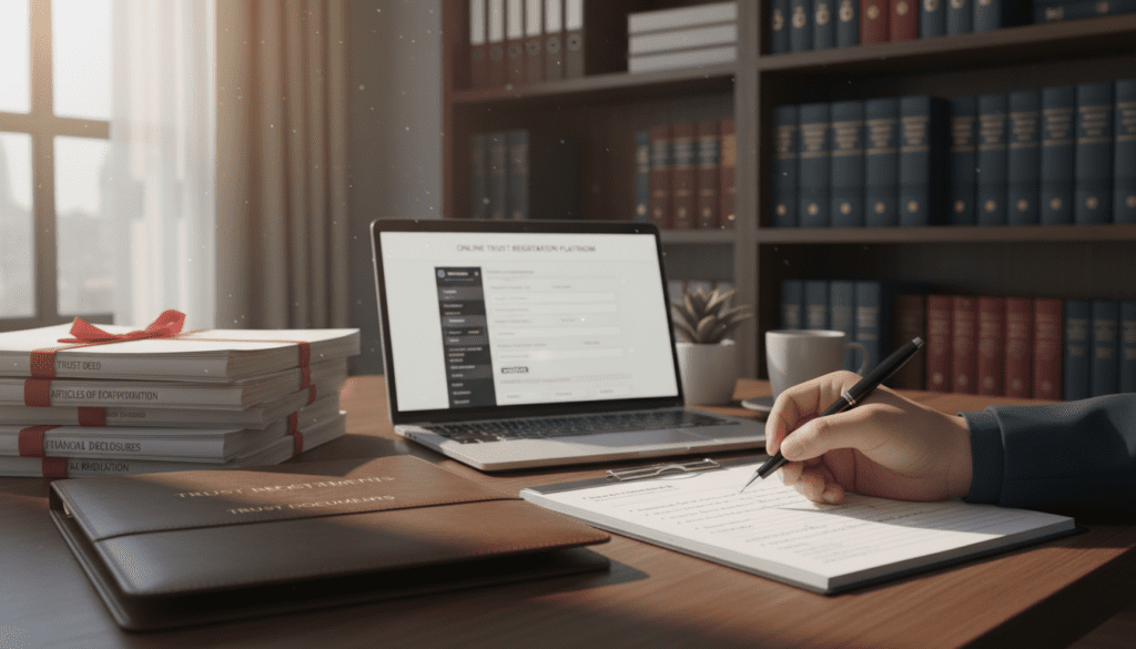 A professional office environment featuring a wooden desk with neatly arranged documents related to trust registration. In the foreground, a close-up of a hand holding a pen, poised to write notes on trust registration details. In the middle ground, a laptop displaying a secure online trust registration form on its screen. Soft natural light pours in through a window, creating a warm and inviting atmosphere. A blurred bookshelf filled with legal books and binders filled with paperwork serves as the background, adding depth to the scene. The overall mood is focused and professional, with an emphasis on preparation and organization in the context of financial responsibility. A professional office environment featuring a wooden desk with neatly arranged documents related to trust registration. In the foreground, a close-up of a hand holding a pen, poised to write notes on trust registration details. In the middle ground, a laptop displaying a secure online trust registration form on its screen. Soft natural light pours in through a window, creating a warm and inviting atmosphere. A blurred bookshelf filled with legal books and binders filled with paperwork serves as the background, adding depth to the scene. The overall mood is focused and professional, with an emphasis on preparation and organization in the context of financial responsibility.