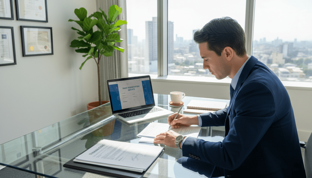 A professional office environment focused on the Trust Registration Service. In the foreground, a well-dressed business professional, with short dark hair, is attentively reviewing documents on a sleek glass desk. The middle ground features a laptop displaying a trust registration website, surrounded by neatly organized paperwork and a coffee cup. In the background, a large window reveals a bright, sunny day, casting natural light across the room, creating an optimistic atmosphere. The walls are adorned with framed certificates and a potted plant adds a touch of greenery. The camera angle is a slight overhead shot, emphasizing the desk's organization and the subject's concentration, invoking a sense of professionalism and diligence in tackling compliance tasks. A professional office environment focused on the Trust Registration Service. In the foreground, a well-dressed business professional, with short dark hair, is attentively reviewing documents on a sleek glass desk. The middle ground features a laptop displaying a trust registration website, surrounded by neatly organized paperwork and a coffee cup. In the background, a large window reveals a bright, sunny day, casting natural light across the room, creating an optimistic atmosphere. The walls are adorned with framed certificates and a potted plant adds a touch of greenery. The camera angle is a slight overhead shot, emphasizing the desk's organization and the subject's concentration, invoking a sense of professionalism and diligence in tackling compliance tasks.