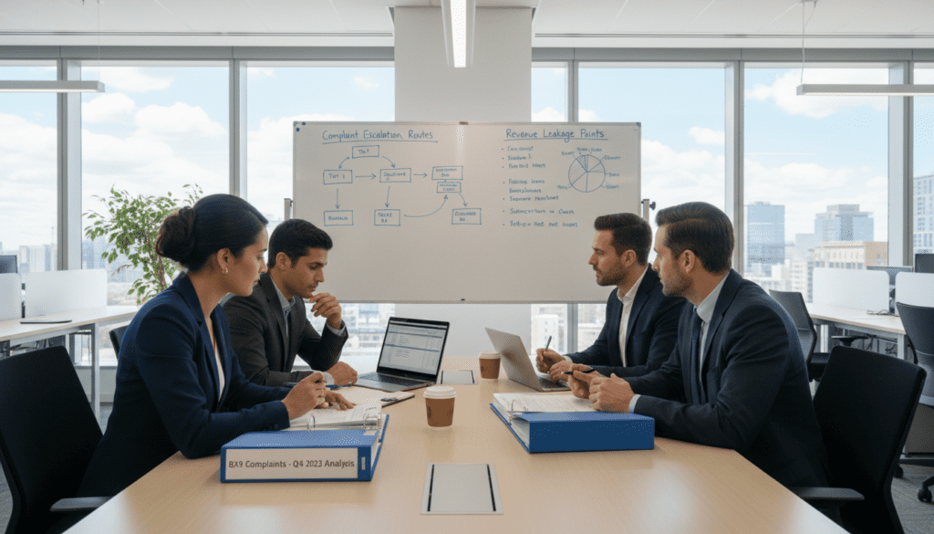 A professional office environment focusing on complaints and revenue management, featuring a diverse group of four business professionals engaged in a discussion around a conference table. Foreground includes a well-dressed woman and a man reviewing documents labeled "BX9 Complaints" with pens and laptops in front of them. In the middle ground, a large whiteboard displays flowcharts and escalation routes. The background features a modern office setting with large windows allowing natural light to illuminate the room, creating a soft, inviting atmosphere. Use a wide-angle lens to portray depth and professionalism, capturing the seriousness of the topics being discussed while maintaining an air of collaboration and respect. The overall mood is constructive and focused. A professional office environment focusing on complaints and revenue management, featuring a diverse group of four business professionals engaged in a discussion around a conference table. Foreground includes a well-dressed woman and a man reviewing documents labeled "BX9 Complaints" with pens and laptops in front of them. In the middle ground, a large whiteboard displays flowcharts and escalation routes. The background features a modern office setting with large windows allowing natural light to illuminate the room, creating a soft, inviting atmosphere. Use a wide-angle lens to portray depth and professionalism, capturing the seriousness of the topics being discussed while maintaining an air of collaboration and respect. The overall mood is constructive and focused.