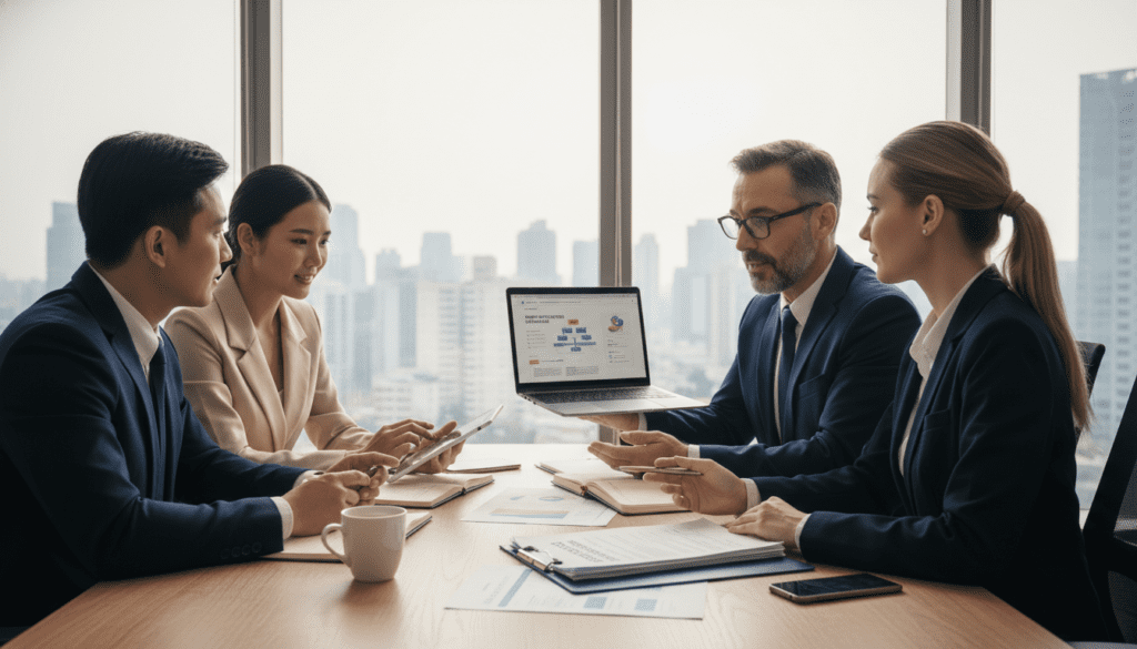 A professional office environment illustrating a trust registration service. In the foreground, a diverse group of business professionals, dressed in smart business attire, engage in a discussion over documents related to trust registration. The central figure, a middle-aged man with glasses, points to a document, while a young woman showcases her laptop with trust-related information. In the middle ground, a modern wooden conference table is scattered with papers, digital devices, and a mug of coffee. The background features a large window letting in soft, natural light, highlighting a city skyline, creating an upbeat and collaborative atmosphere. Use a well-lit, slightly angled perspective to emphasize professionalism and teamwork. The color palette should be warm and inviting to convey trust and reliability without any text or distractions.