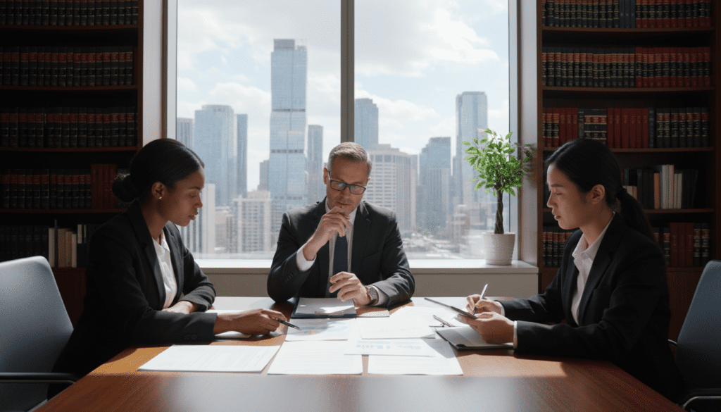 A professional office environment illustrating the concept of "interest in possession life interest." In the foreground, a diverse group of three professionals in business attire (a Black woman, a White man, and an Asian woman) intensely discussing documents spread across a sleek conference table, their expressions focused and engaged. In the middle ground, a large window reveals a city skyline, allowing natural light to illuminate the scene, casting soft shadows. The background features a bookshelf filled with legal texts and a small potted plant for a touch of warmth. The atmosphere should be serious yet collaborative, reflecting the importance of understanding trust types and their tax implications. Use a slightly elevated angle to capture the entire scene, emphasizing teamwork and professionalism.