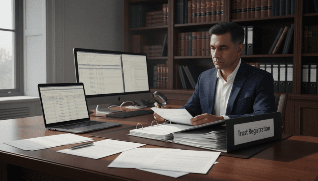A professional office environment serves as the backdrop, with a wooden desk in the foreground cluttered with documents, a computer, and a stylish pen. An open binder labeled "Trust Registration" reveals papers stacked neatly, while a laptop screen displays a spreadsheet related to trust registration. In the middle, a serious-looking business professional, dressed in formal attire, sits focused, examining the documents. Soft, natural lighting pours in from a window on the left, casting gentle shadows and creating a calm atmosphere. The background features shelves filled with legal books and binders, emphasizing the topic's gravity. Overall, the image conveys a sense of diligence and professionalism, perfectly representing the need to register a trust. A professional office environment serves as the backdrop, with a wooden desk in the foreground cluttered with documents, a computer, and a stylish pen. An open binder labeled "Trust Registration" reveals papers stacked neatly, while a laptop screen displays a spreadsheet related to trust registration. In the middle, a serious-looking business professional, dressed in formal attire, sits focused, examining the documents. Soft, natural lighting pours in from a window on the left, casting gentle shadows and creating a calm atmosphere. The background features shelves filled with legal books and binders, emphasizing the topic's gravity. Overall, the image conveys a sense of diligence and professionalism, perfectly representing the need to register a trust.