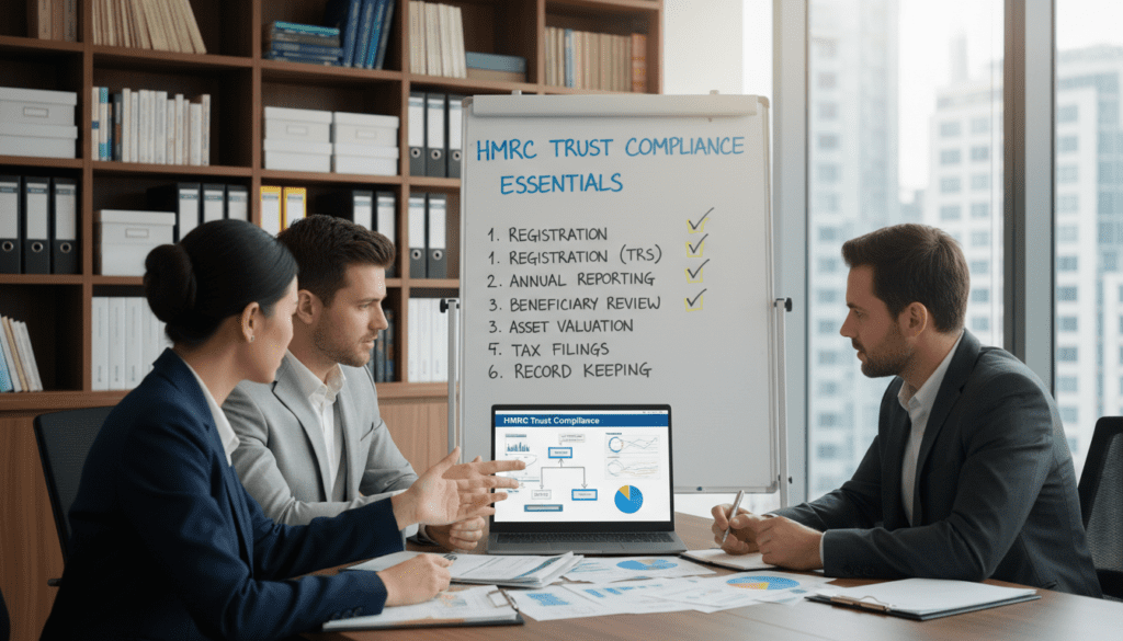 A professional office environment showcasing a meeting about HMRC trusts compliance. In the foreground, a diverse group of three individuals, two men and one woman, dressed in smart business attire, actively discussing ideas around a laptop and paperwork filled with charts and graphs. In the middle ground, a large whiteboard prominently displays a checklist of compliance essentials, including registration, reporting, and reviews. The background features shelves lined with financial books and documents, bathed in soft, natural light filtering through a window. The atmosphere is focused and professional, emphasizing teamwork and attention to detail, with a slight emphasis on the complexities of trust compliance in a corporate setting. A professional office environment showcasing a meeting about HMRC trusts compliance. In the foreground, a diverse group of three individuals, two men and one woman, dressed in smart business attire, actively discussing ideas around a laptop and paperwork filled with charts and graphs. In the middle ground, a large whiteboard prominently displays a checklist of compliance essentials, including registration, reporting, and reviews. The background features shelves lined with financial books and documents, bathed in soft, natural light filtering through a window. The atmosphere is focused and professional, emphasizing teamwork and attention to detail, with a slight emphasis on the complexities of trust compliance in a corporate setting.
