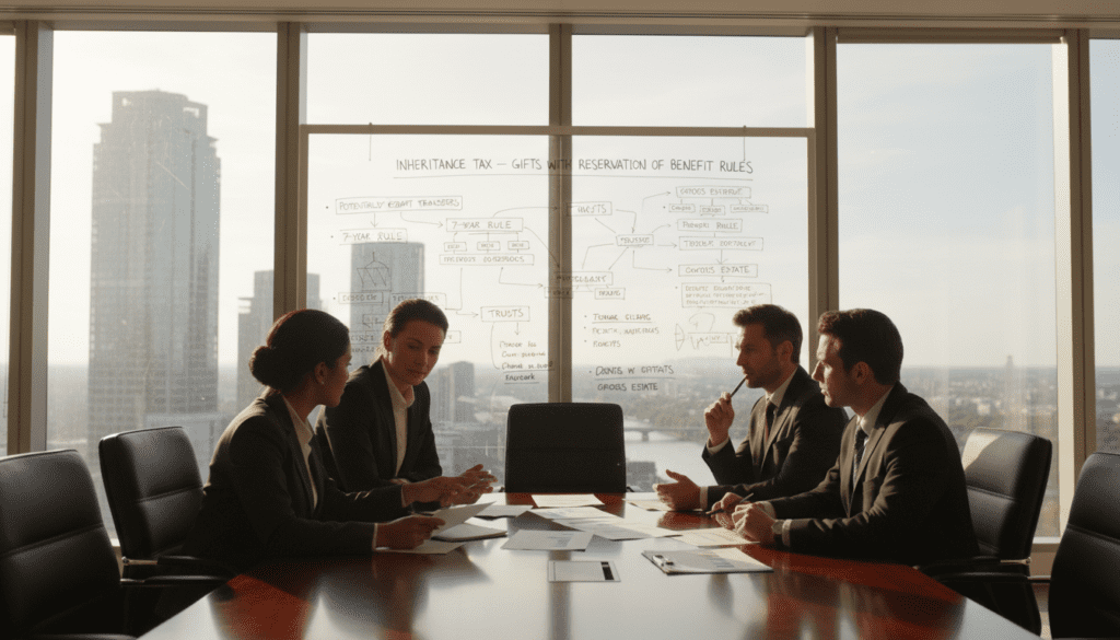 A professional office environment showcasing a meeting about inheritance tax regulations. In the foreground, a diverse group of four business professionals in formal attire, engaged in a thoughtful discussion around a polished wooden conference table, with documents and spreadsheets spread out. The middle ground features an intricately detailed whiteboard filled with diagrams and notes related to gifts with reservation of benefit rules. In the background, large windows let in soft, natural light, creating a warm, focused atmosphere. A modern cityscape is visible through the windows, adding a sense of relevance to the legal topic at hand. The mood is serious yet collaborative, emphasizing the importance of understanding inheritance tax laws. A professional office environment showcasing a meeting about inheritance tax regulations. In the foreground, a diverse group of four business professionals in formal attire, engaged in a thoughtful discussion around a polished wooden conference table, with documents and spreadsheets spread out. The middle ground features an intricately detailed whiteboard filled with diagrams and notes related to gifts with reservation of benefit rules. In the background, large windows let in soft, natural light, creating a warm, focused atmosphere. A modern cityscape is visible through the windows, adding a sense of relevance to the legal topic at hand. The mood is serious yet collaborative, emphasizing the importance of understanding inheritance tax laws.
