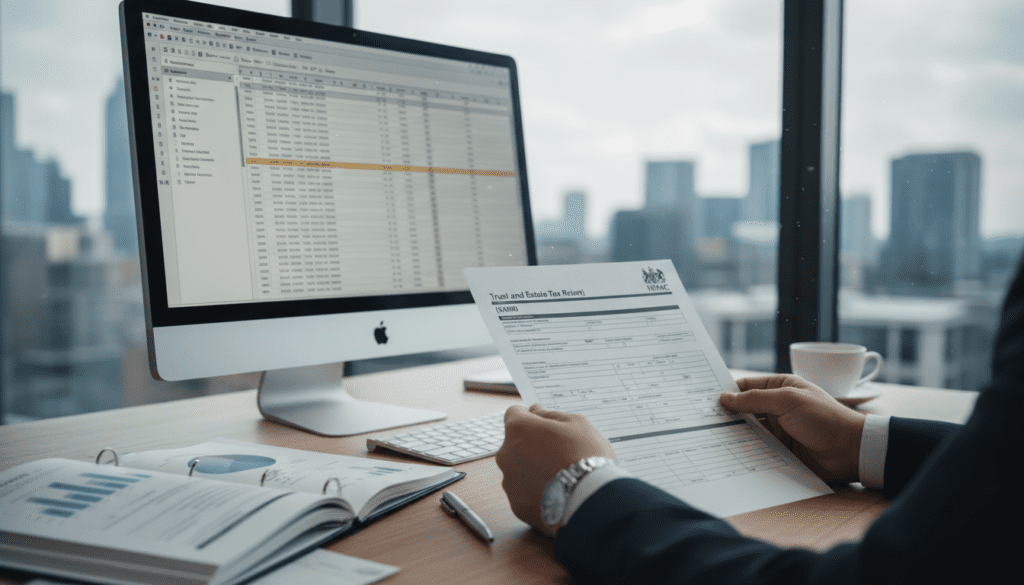 A professional office environment showcasing a neatly organized desk with a Trust and Estate Tax Return (SA900) form prominently placed. In the foreground, a pair of hands in formal business attire is reviewing the document, emphasizing diligence and attention to detail. In the middle ground, a computer screen displays a tax calculator alongside a cup of coffee and financial reports, symbolizing thorough financial planning. The background features a large window letting in soft, natural light, illuminating the space and creating a calm atmosphere. The mood is serious yet inviting, reflecting the importance of tax compliance in the UK. The composition is well-balanced, with a clear focus on the SA900 form, avoiding any text or distracting elements.