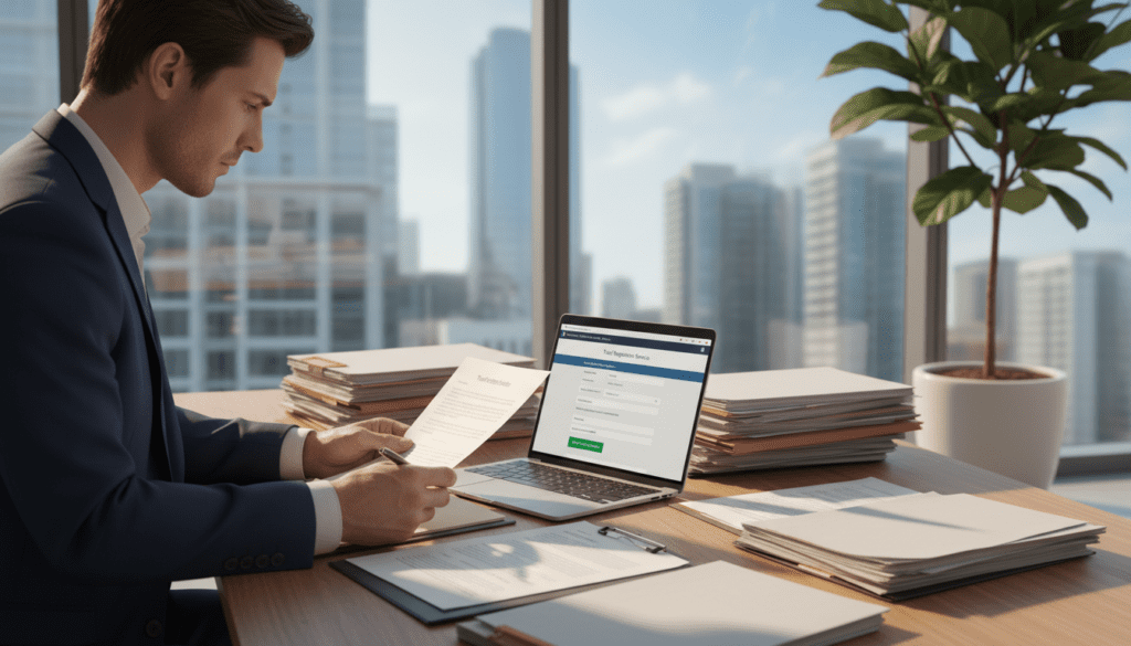 A professional office environment showcasing a wooden desk laden with trust asset documents and a laptop displaying the Trust Registration Service interface. In the foreground, a focused business professional, dressed in formal attire, carefully reviews paperwork. Midground elements include stacks of legal documents and a decorative potted plant, symbolizing growth and stability. In the background, a soft-focus window reveals a modern cityscape under a clear blue sky, suggesting clarity and opportunity. The lighting is warm and inviting, with soft natural light streaming in from the window, creating an atmosphere of professionalism and trust. The angle captures both the desk and the professional's perspective, emphasizing the importance of compliance and guidance in trust tax matters. A professional office environment showcasing a wooden desk laden with trust asset documents and a laptop displaying the Trust Registration Service interface. In the foreground, a focused business professional, dressed in formal attire, carefully reviews paperwork. Midground elements include stacks of legal documents and a decorative potted plant, symbolizing growth and stability. In the background, a soft-focus window reveals a modern cityscape under a clear blue sky, suggesting clarity and opportunity. The lighting is warm and inviting, with soft natural light streaming in from the window, creating an atmosphere of professionalism and trust. The angle captures both the desk and the professional's perspective, emphasizing the importance of compliance and guidance in trust tax matters.