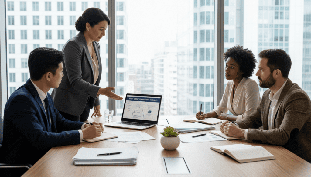 A professional office scene depicting a diverse group of individuals engaging in a discussion about the Trust Registration Service. In the foreground, a middle-aged woman in smart business attire gestures towards a laptop displaying documents. Beside her, a young man of Asian descent, dressed in a tailored suit, takes notes on a tablet. In the middle ground, a modern meeting table is scattered with paperwork, pens, and a potted plant, conveying an atmosphere of collaboration. The background features a large window with natural light streaming in, casting soft shadows across the room. The mood is focused and informative, emphasizing the importance of understanding trust registration processes. The camera angle is slightly elevated to capture the dynamic exchange among the participants, creating an engaging composition. A professional office scene depicting a diverse group of individuals engaging in a discussion about the Trust Registration Service. In the foreground, a middle-aged woman in smart business attire gestures towards a laptop displaying documents. Beside her, a young man of Asian descent, dressed in a tailored suit, takes notes on a tablet. In the middle ground, a modern meeting table is scattered with paperwork, pens, and a potted plant, conveying an atmosphere of collaboration. The background features a large window with natural light streaming in, casting soft shadows across the room. The mood is focused and informative, emphasizing the importance of understanding trust registration processes. The camera angle is slightly elevated to capture the dynamic exchange among the participants, creating an engaging composition.