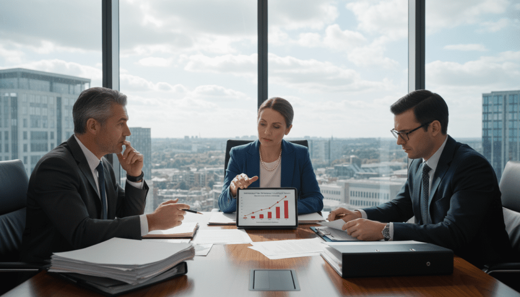 A professional office setting as the foreground features a diverse group of three trustees—two men and one woman—engaged in an in-depth discussion around a large wooden table covered with legal documents and tax forms. In the middle, a digital tablet displaying graphs related to inheritance tax reforms is prominently displayed. The background shows a large window with natural light streaming in, illuminating a cityscape view, signifying a sense of urgency and importance. The mood is serious yet focused, reflecting the importance of the April 2025 inheritance tax reforms. Use bright, even lighting to create clarity and professionalism. The focus should be sharp, highlighting the expressions of the trustees as they grapple with the complexities of tax regulation changes.