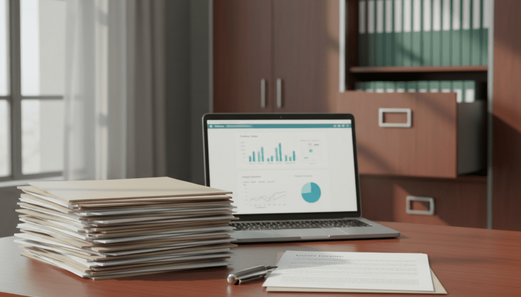 A professional office setting captures the essence of "trust asset details." In the foreground, a neatly stacked pile of trust documents and forms lies on a polished wooden desk, with a sleek pen beside them, hinting at important decisions. In the middle, a laptop displays a partially open screen with a trust management software interface, showing charts and graphs of assets, but carefully avoiding sensitive content. To the background, a well-organized filing cabinet filled with labeled folders reflects the theme of organization and due diligence. Soft, natural lighting filters through a window, casting gentle shadows and giving the scene a warm, inviting atmosphere. The image conveys professionalism, trust, and clarity, ideal for discussing nuances of trust management without any text or distractions.
