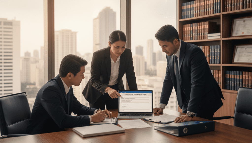 A professional office setting conveying the concept of trust registration service. In the foreground, a diverse group of three business professionals, two men and one woman, dressed in smart business attire, are engaged in discussion around a large conference table covered with documents, a laptop opened displaying a trust registration form. In the middle ground, a large window lets in soft natural light, creating a warm atmosphere, with views of a city skyline. The background features shelves filled with law books and certificates. The lighting is soft and focused on the group, enhancing their expressions of determination and collaboration. The angle captures the dynamic interaction and the importance of the trust registration process. The overall mood is professional, informative, and collaborative.