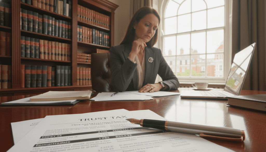 A professional office setting depicting a contemplative UK trustee seated at a polished wooden desk, surrounded by financial documents and a laptop. In the foreground, a detailed close-up of a pen resting on a financial statement titled “Trust Tax”. The middle ground features a bookshelf filled with legal texts and financial guides, subtly emphasizing the complexity of trust taxation. In the background, a large window allows soft, natural light to filter in, creating a calm and focused atmosphere. The trustee, dressed in smart business attire, is gazing thoughtfully at the documents, reflecting the seriousness of their responsibilities. The overall mood is one of introspection and determination, underscoring the importance of understanding trust tax obligations. A professional office setting depicting a contemplative UK trustee seated at a polished wooden desk, surrounded by financial documents and a laptop. In the foreground, a detailed close-up of a pen resting on a financial statement titled “Trust Tax”. The middle ground features a bookshelf filled with legal texts and financial guides, subtly emphasizing the complexity of trust taxation. In the background, a large window allows soft, natural light to filter in, creating a calm and focused atmosphere. The trustee, dressed in smart business attire, is gazing thoughtfully at the documents, reflecting the seriousness of their responsibilities. The overall mood is one of introspection and determination, underscoring the importance of understanding trust tax obligations.