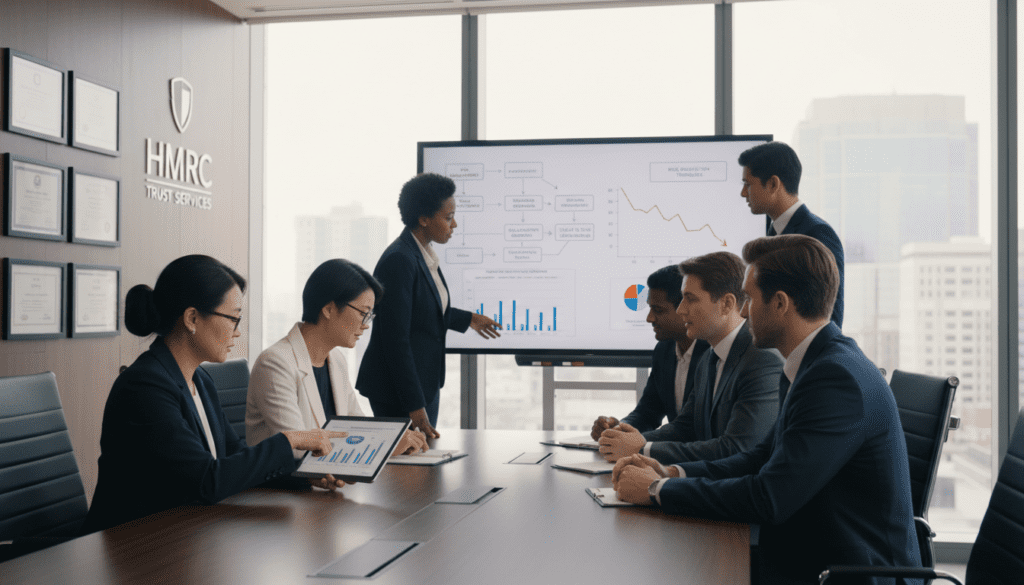 A professional office setting depicting a diverse group of financial advisors gathered around a sleek conference table, discussing compliance strategies related to trust services. In the foreground, a middle-aged woman in professional attire points to a digital tablet displaying key compliance metrics, while a young man in a smart suit listens intently. In the middle ground, a modern whiteboard showcases flowcharts and graphs about risk reduction techniques. Natural light filters through large windows, casting a warm glow on the scene, creating an atmosphere of collaboration and support. In the background, framed certificates and corporate branding provide a polished, professional ambiance. The image conveys a sense of seriousness yet approachable professionalism, representing the essential support offered by HMRC Trust Services.