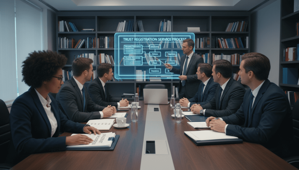 A professional office setting depicting a diverse group of individuals, dressed in formal business attire, gathered around a sleek conference table. In the foreground, a focused woman is analyzing documents related to charity trusts, while a man on the left points to a large digital screen displaying an illustrative flowchart of the Trust Registration Service process. In the middle ground, a laptop and open files are arranged neatly, symbolizing meticulous preparation. The background features shelves filled with business books and soft, diffused lighting that creates an atmosphere of collaboration and professionalism. The camera angle is slightly elevated, capturing the engaged expressions and the dynamic interaction among the group. Soft shadows add depth, enhancing the serious yet hopeful mood of the scene.