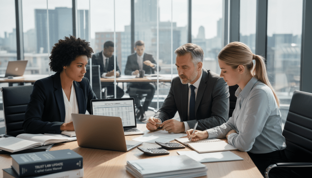 A professional office setting depicting a diverse group of three individuals discussing trust tax regulations in the UK. In the foreground, a focused female accountant, dressed in smart business attire, examines a laptop displaying trust tax information. Beside her, a middle-aged male tax advisor points at financial documents, emphasizing details about liabilities, while a young woman in professional clothing takes notes on a notepad. The middle section showcases a large wooden conference table filled with spreadsheets, calculators, and tax law books. In the background, a modern office with glass walls allows natural light to stream in, creating a bright, collaborative atmosphere. The mood is one of professionalism and concentration, highlighting the importance of understanding trust tax liabilities.