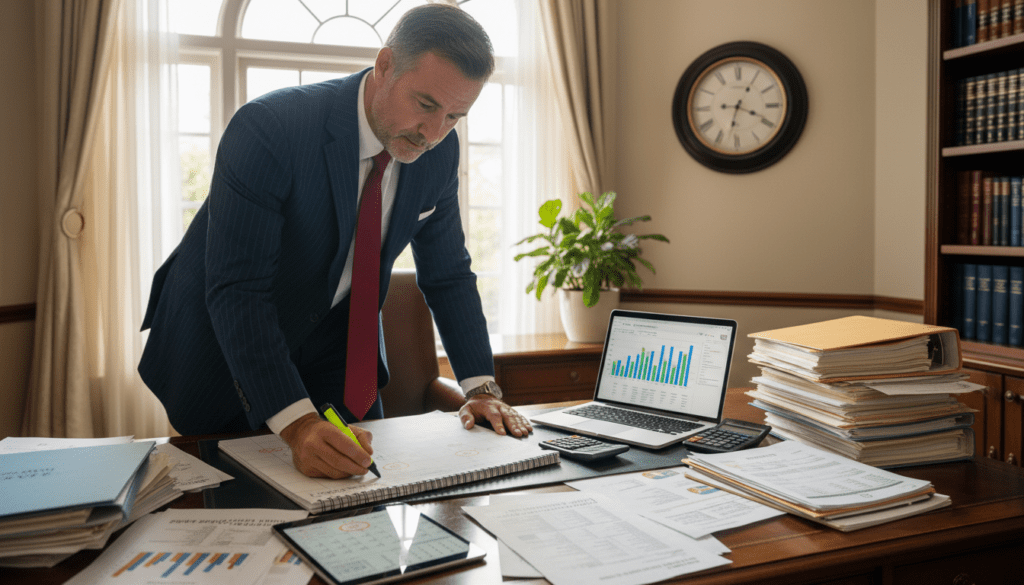 A professional office setting depicting a large wooden desk strewn with paperwork and reports related to trust tax deadlines. In the foreground, a focused trustee in a tailored business suit meticulously reviews a calendar and important dates highlighted on a notepad. The middle ground features a laptop displaying financial graphs and a spreadsheet open on the screen. In the background, a large window lets in soft natural light, illuminating the tranquil office with an atmosphere of diligence and urgency. A clock on the wall emphasizes the importance of time management, while a potted plant adds a touch of warmth. The overall mood is serious and focused, reflecting the critical nature of compliance with tax deadlines. A professional office setting depicting a large wooden desk strewn with paperwork and reports related to trust tax deadlines. In the foreground, a focused trustee in a tailored business suit meticulously reviews a calendar and important dates highlighted on a notepad. The middle ground features a laptop displaying financial graphs and a spreadsheet open on the screen. In the background, a large window lets in soft natural light, illuminating the tranquil office with an atmosphere of diligence and urgency. A clock on the wall emphasizes the importance of time management, while a potted plant adds a touch of warmth. The overall mood is serious and focused, reflecting the critical nature of compliance with tax deadlines.
