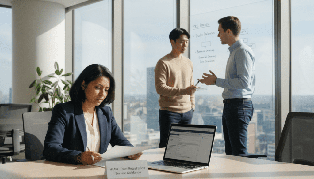 A professional office setting, featuring a diverse group of trustees engaged in a collaborative discussion about the HMRC Trust Registration Service. In the foreground, a middle-aged woman in business attire, intently reviewing a document, with a laptop open displaying trust registration details. In the middle ground, two young men in smart casual clothing are brainstorming, using a whiteboard filled with diagrams related to trust registration processes. The background consists of a modern office with large windows allowing natural light to illuminate the scene, highlighting a sense of clarity and professionalism. The overall atmosphere is one of focus and teamwork, demonstrating the importance of clear communication in the trust registration process. The image is well-composed with a slight depth of field, concentrating on the trustees in action.