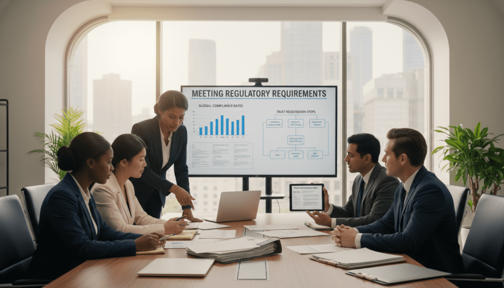 A professional office setting featuring a diverse group of trustees engaged in a collaborative meeting around a large conference table. In the foreground, two women and one man in business attire intensely discuss documents, with laptops and paperwork spread out, showcasing the trust registration process. The middle ground includes a large digital screen displaying charts and graphs related to trust registration requirements. The background reveals large windows letting in soft natural light, creating a warm, welcoming atmosphere. The overall mood is one of focus and collaboration, symbolizing the importance of compliance and teamwork in meeting trust registration service requirements. Use soft lighting to enhance the professionalism of the scene, with a slightly elevated angle for a comprehensive view of the engagement.