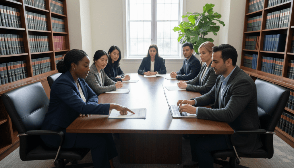 A professional office setting featuring a diverse group of trustees engaged in discussion around a large wooden conference table. In the foreground, one trustee, a Black woman in a tailored navy suit, is pointing at a document detailing tax obligations. Beside her, a Middle-Eastern man in a gray blazer is taking notes on a laptop, focused and attentive. The background is adorned with shelves filled with legal books and a large window allowing natural light to stream in, casting soft shadows across the scene. The atmosphere is serious yet collaborative, emphasizing responsibility and diligence in managing trust taxes. Use a wide-angle lens to capture the teamwork and professionalism in this setting, ensuring the lighting is bright but not harsh, creating an inviting yet focused mood. A professional office setting featuring a diverse group of trustees engaged in discussion around a large wooden conference table. In the foreground, one trustee, a Black woman in a tailored navy suit, is pointing at a document detailing tax obligations. Beside her, a Middle-Eastern man in a gray blazer is taking notes on a laptop, focused and attentive. The background is adorned with shelves filled with legal books and a large window allowing natural light to stream in, casting soft shadows across the scene. The atmosphere is serious yet collaborative, emphasizing responsibility and diligence in managing trust taxes. Use a wide-angle lens to capture the teamwork and professionalism in this setting, ensuring the lighting is bright but not harsh, creating an inviting yet focused mood.