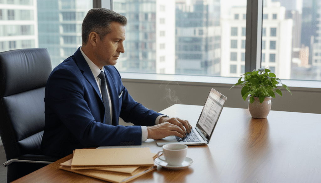 A professional office setting featuring a lead trustee, a middle-aged Caucasian male in a sleek navy suit, sitting at a wooden desk. He is reviewing trust documents on a laptop, with a thoughtful expression. The desk is organized with a few neatly stacked files, a cup of coffee, and a small potted plant. In the background, a window reveals a city skyline, with bright, natural daylight streaming in, creating a warm and inviting atmosphere. Soft shadows hint at the midday sun. The camera angle is slightly above eye level, focusing on the trustee at work. The overall mood is focused and industrious, symbolizing responsibility and clarity in managing trust affairs. No text or additional elements are present. A professional office setting featuring a lead trustee, a middle-aged Caucasian male in a sleek navy suit, sitting at a wooden desk. He is reviewing trust documents on a laptop, with a thoughtful expression. The desk is organized with a few neatly stacked files, a cup of coffee, and a small potted plant. In the background, a window reveals a city skyline, with bright, natural daylight streaming in, creating a warm and inviting atmosphere. Soft shadows hint at the midday sun. The camera angle is slightly above eye level, focusing on the trustee at work. The overall mood is focused and industrious, symbolizing responsibility and clarity in managing trust affairs. No text or additional elements are present.