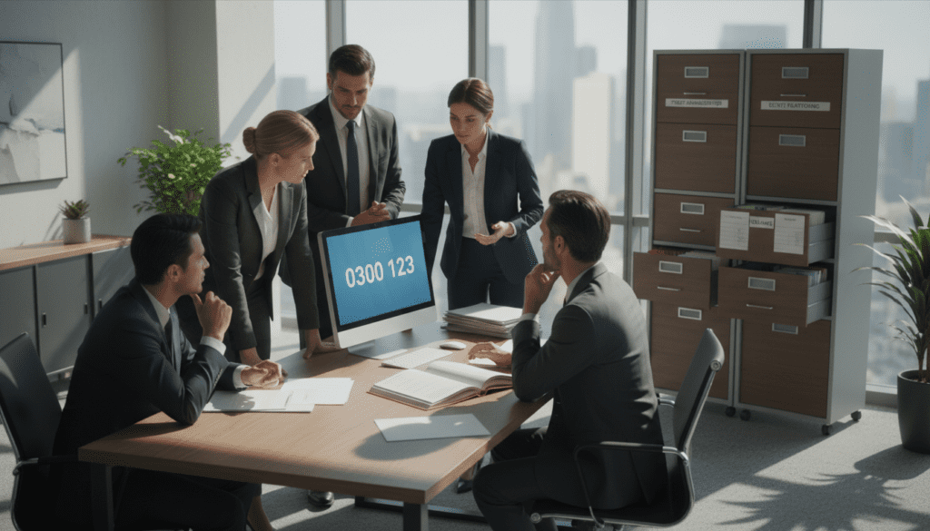 A professional office setting, featuring a modern desk with a sleek computer displaying the contact number "0300 123" prominently on the screen. In the foreground, a diverse group of individuals dressed in professional business attire, engaged in a discussion, looking thoughtful and cooperative. The middle ground shows a beautifully arranged file cabinet filled with documents related to trust and estate management. The background includes a large window with natural light streaming in, casting soft shadows that create a calm atmosphere. The overall mood is one of efficiency and professionalism, emphasizing trust and clarity in communication. The camera angle is a slightly elevated shot, capturing the dynamics of the team collaborating effectively. A professional office setting, featuring a modern desk with a sleek computer displaying the contact number "0300 123" prominently on the screen. In the foreground, a diverse group of individuals dressed in professional business attire, engaged in a discussion, looking thoughtful and cooperative. The middle ground shows a beautifully arranged file cabinet filled with documents related to trust and estate management. The background includes a large window with natural light streaming in, casting soft shadows that create a calm atmosphere. The overall mood is one of efficiency and professionalism, emphasizing trust and clarity in communication. The camera angle is a slightly elevated shot, capturing the dynamics of the team collaborating effectively.