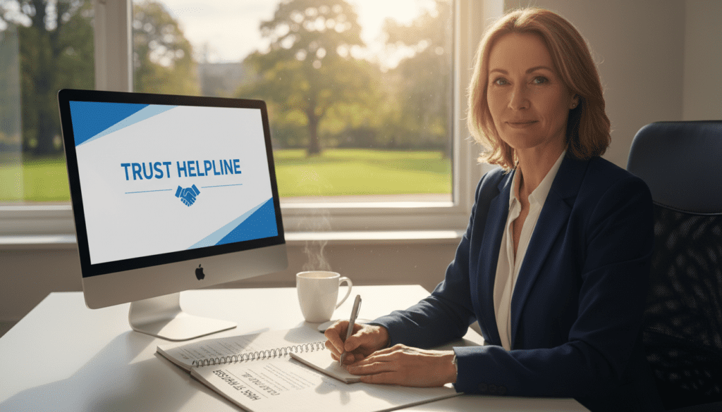 A professional office setting, featuring a serene and organized desk with a computer displaying a friendly interface of a helpline service. In the foreground, a focused middle-aged businesswoman in professional attire sits at the desk, thoughtfully preparing notes to call the HMRC Trust Helpline. In the middle ground, an open notebook filled with essential points alongside a cup of coffee suggests a moment of contemplation. The background showcases a softly lit office, with a blurred window view of a green park, adding a calm atmosphere. Warm, natural lighting filters through the window, creating a welcoming and supportive mood, ideal for conveying the importance of reaching out for help when needed.
