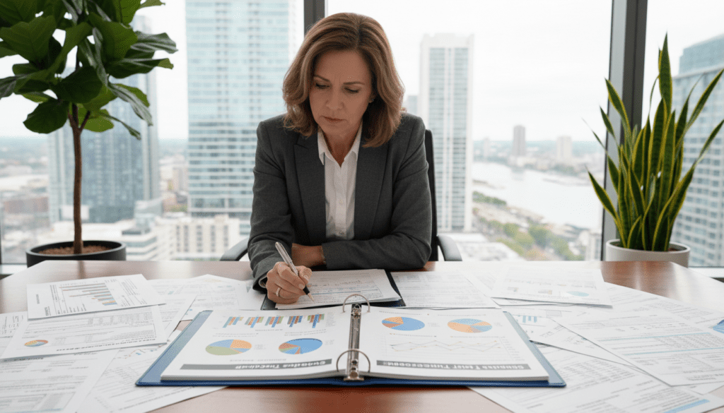 A professional office setting featuring an elegant wooden desk overflowing with documents related to trust funds and tax forms. In the foreground, a well-organized binder titled "Schedule 3A Trust Exclusion" prominently displays colorful charts and graphs. A focused middle-aged woman in professional business attire is studying the materials intently under soft, natural lighting. In the background, a large window reveals a city skyline, adding depth to the scene, while potted plants soften the corporate atmosphere. The mood is one of concentration and diligence, reflecting the importance of understanding trust fund regulations. The composition captures the essence of financial planning and compliance, emphasizing clarity and professionalism.