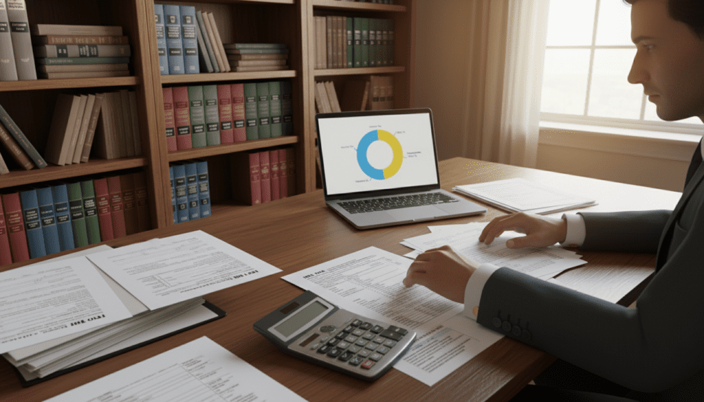 A professional office setting focused on income tax reporting for trusts. In the foreground, a neatly organized desk with various documents, including tax forms and a calculator. A pair of hands, clad in formal business attire, sorts through the paperwork, with a focused expression. In the middle ground, a laptop displays a pie chart illustrating tax categories: income tax, Capital Gains Tax, and Inheritance Tax. The background shows shelves filled with financial books and a window letting in soft, natural light, creating a calm and diligent atmosphere. Use a warm color palette to evoke a sense of professionalism and trust. The composition should be from a slightly elevated angle, giving a comprehensive view of the workspace. A professional office setting focused on income tax reporting for trusts. In the foreground, a neatly organized desk with various documents, including tax forms and a calculator. A pair of hands, clad in formal business attire, sorts through the paperwork, with a focused expression. In the middle ground, a laptop displays a pie chart illustrating tax categories: income tax, Capital Gains Tax, and Inheritance Tax. The background shows shelves filled with financial books and a window letting in soft, natural light, creating a calm and diligent atmosphere. Use a warm color palette to evoke a sense of professionalism and trust. The composition should be from a slightly elevated angle, giving a comprehensive view of the workspace.