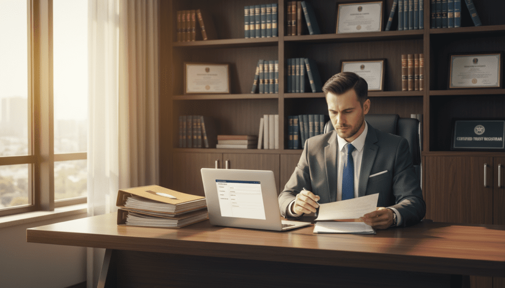 A professional office setting focused on trust registration service, featuring a sleek wooden desk with a laptop displaying a trust registration form and documents neatly organized beside it. In the foreground, a business professional dressed in formal attire is attentively reviewing paperwork, exemplifying a sense of diligence and trustworthiness. The middle of the image captures the essence of modern bureaucracy, with sunlight streaming through a large window, casting a warm glow and creating soft shadows on the floor. The background showcases a bookshelf filled with legal books and certificates, emphasizing the seriousness of financial and legal matters. The overall mood is one of professionalism, trust, and clarity, ideal for conveying the concept of trust registration in a business context.