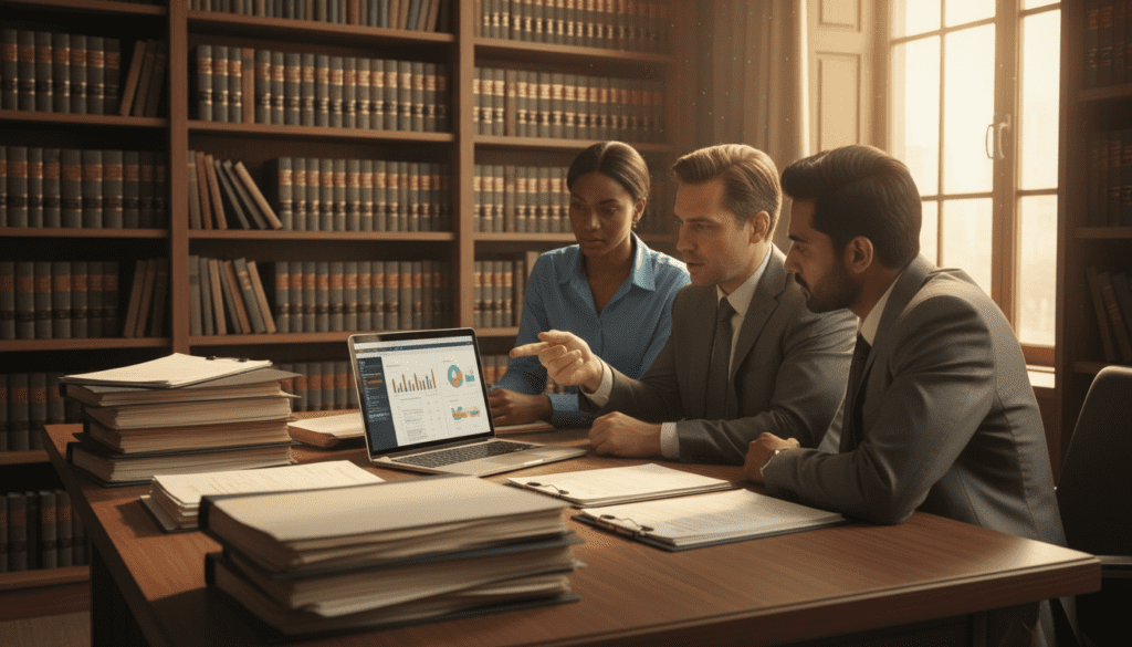 A professional office setting focused on trust registration, with a wooden desk in the foreground stacked with important documents and a sleek laptop displaying a financial software interface. In the middle ground, a diverse group of three professionals in business attire are engaged in discussion, one of them pointing at the laptop screen. The background features a softly lit bookshelf filled with legal and financial books, and a large window allowing natural light to filter in, creating a calm and inviting atmosphere. The lighting is warm and inviting, emphasizing the seriousness of the trust registration process while maintaining a sense of professionalism. The angle is slightly elevated, capturing the group from a three-quarters view to highlight both the documents and the discussion.