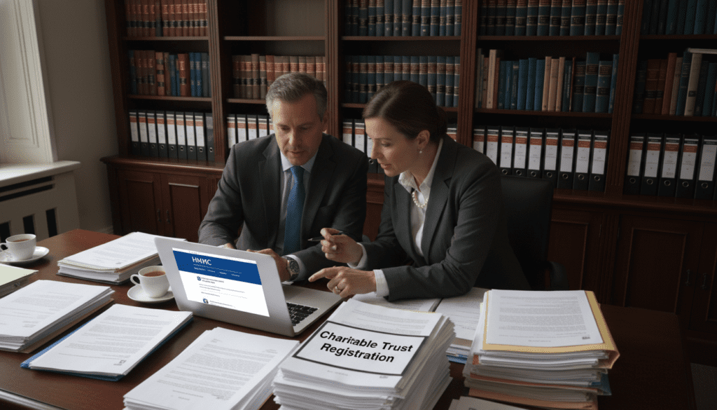 A professional office setting, focusing on a desk cluttered with paperwork related to trust registration. In the foreground, a neatly arranged stack of documents labeled "Charitable Trust Registration" beside a laptop displaying HMRC's official website. In the middle, a pair of business professionals—one man and one woman, dressed in formal business attire, engaged in discussion while pointing at the laptop screen. The background features a bookshelf filled with law books and binders, emphasizing a serious, scholarly atmosphere. The lighting is soft yet focused, casting gentle shadows, creating a calm and professional mood. The angle is slightly elevated, providing a comprehensive view of the scene without any text or overlays. A professional office setting, focusing on a desk cluttered with paperwork related to trust registration. In the foreground, a neatly arranged stack of documents labeled "Charitable Trust Registration" beside a laptop displaying HMRC's official website. In the middle, a pair of business professionals—one man and one woman, dressed in formal business attire, engaged in discussion while pointing at the laptop screen. The background features a bookshelf filled with law books and binders, emphasizing a serious, scholarly atmosphere. The lighting is soft yet focused, casting gentle shadows, creating a calm and professional mood. The angle is slightly elevated, providing a comprehensive view of the scene without any text or overlays.