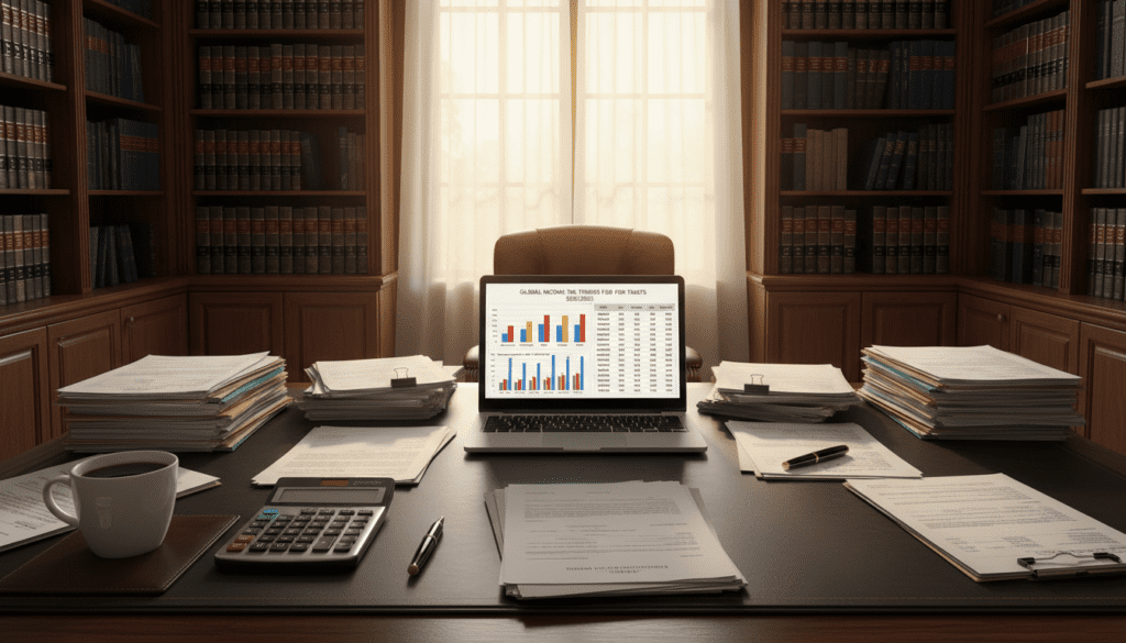 A professional office setting, focusing on a large wooden desk piled with documents and paperwork related to trust income and taxation. In the foreground, a neatly arranged calculator, a pen, and a cup of coffee sit on one side, symbolizing careful financial planning. The middle section features an open laptop displaying graphs and charts illustrating income tax trends for trusts, emphasizing clarity and analysis. In the background, a large window lets in soft, natural light, creating a warm and inviting atmosphere, while bookshelves filled with law and finance books line the walls. The mood is serious yet optimistic, reflecting the importance of understanding trust income for the upcoming tax year. A professional office setting, focusing on a large wooden desk piled with documents and paperwork related to trust income and taxation. In the foreground, a neatly arranged calculator, a pen, and a cup of coffee sit on one side, symbolizing careful financial planning. The middle section features an open laptop displaying graphs and charts illustrating income tax trends for trusts, emphasizing clarity and analysis. In the background, a large window lets in soft, natural light, creating a warm and inviting atmosphere, while bookshelves filled with law and finance books line the walls. The mood is serious yet optimistic, reflecting the importance of understanding trust income for the upcoming tax year.